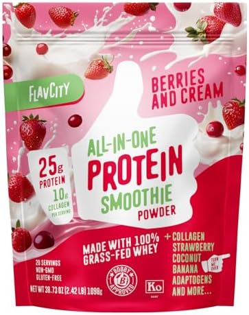 FlavCity Grass Fed Whey Protein Powder - Berries & Cream - 25g Protein & 10g Collagen - Made with Organic Strawberries & Coconut Milk - Gluten Free & No Added Sugars (20 Servings)