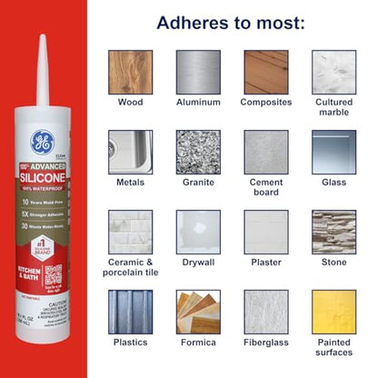 GE Advanced Silicone Caulk for Kitchen & Bathroom, Clear, 10 fl oz Cartridge, 12 Pack - 100% Waterproof Silicone Sealant, 5X Stronger Adhesion, Shrink & Crack Proof