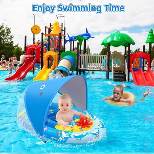 EZIGO Baby Pool Float with Canopy UPF50+ Sun Protection, Inflatable Kids Pool Floats with Ocean Animal Toys for Baby 6-36 Months, Infant Swimming Float with Adjustable Safety Seat for Boys Girls