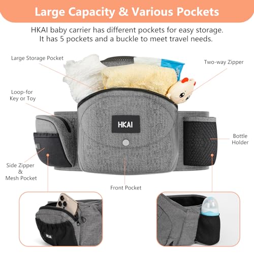 HKAI Baby Hip Carrier, Mom’s Choice Award Winner, Baby Carrier with Adjustable Waistband & Breathable Mesh, Ergonomic Carrier with Non-Slip Hip Seat Surface for Newborns & Toddlers, (Grey)