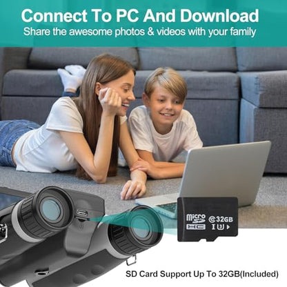 ZZSTAR 12x32 Binoculars for Adults, Large View, Portable High Powered Binoculars with Camera, FMC & BAK4 Prism Lens, 2" LCD Display 5MP 1080P Video Photo Recorder for Bird Watching Sport, Silver