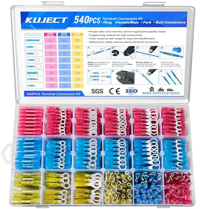 Kuject 540PCS Heat Shrink Wire Connectors Kit, Electrical Waterproof Crimp Butt Terminals, Insulated Spade Connectors for Automotive Marine Boat Truck, Include Rings Forks Spade Butt Splices