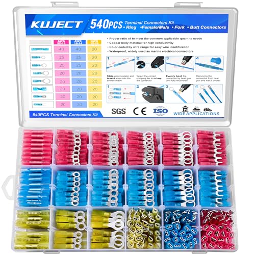 Kuject 540PCS Heat Shrink Wire Connectors Kit, Electrical Waterproof Crimp Butt Terminals, Insulated Spade Connectors for Automotive Marine Boat Truck, Include Rings Forks Spade Butt Splices