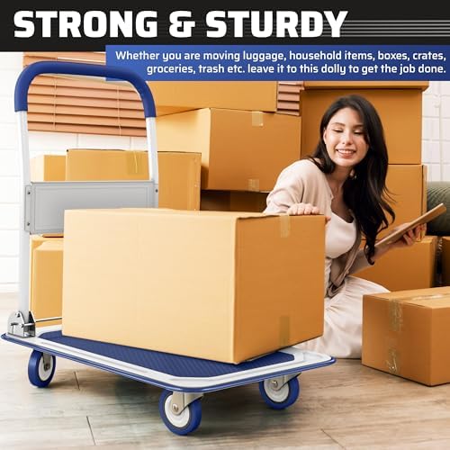 Heavy Duty Foldable Push Cart Dolly | 330 lbs. Capacity | Upgraded Collapsible Hand Truck Platform with Swivel Wheels | Flat Bed Moving Wagon | Space Saving Push Handle (Blue)