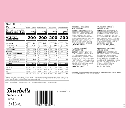 Barebells Protein Bars Variety Pack - 12 Count, 1.9oz Bars - Protein Snacks with 20g of High Protein - Chocolate Protein Bar with 1g of Total Sugars - Perfect on The Go Protein Snack & Breakfast Bars