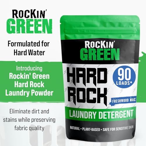 Rockin' Green Hard Rock Laundry Detergent for Hard Water (90 Loads), Plant based, Natural Laundry Detergent Powder, Biodegradable Odor Fighter, Safe for Sensitive Skin, 45 oz (Freshwood Mac)