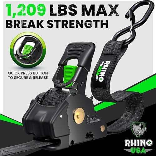 Rhino USA Retractable Ratchet Straps (4-Pack) - 1 Inch x 10 Feet (1,209lb Break Strength) - Heavy Duty Auto Self Retracting Tie Down Straps for Truck, Cargo Trailer, Motorcycle, Rad & More - Black