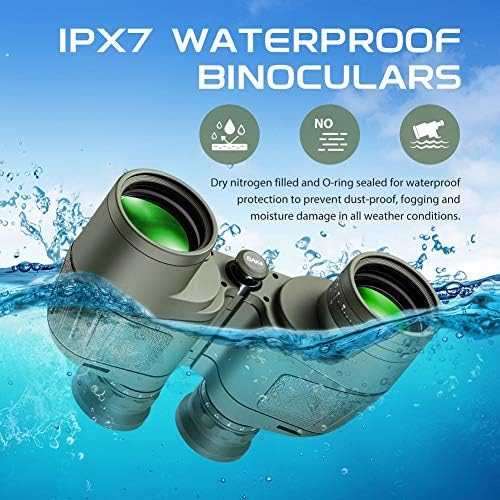Hooway 7x50 Waterproof Floating Marine Binocular w/Internal Rangefinder & Compass for Navigation,Boating,Bird Watching and More(Army Green