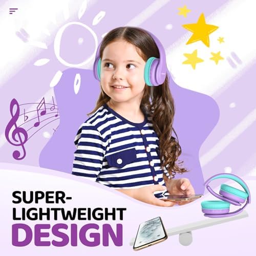 Kids Bluetooth Headphones, Lightweight Wireless Headphones for Kids, 85/94dB Volume Limited, 60 Hours Playtime, Bluetooth 5.3, Over-Ear Toddler Headsets with Built-in Mic-Purple