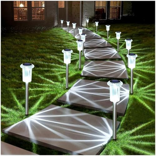 DenicMic Solar Lights Outdoor 10 Pack Waterproof 6000K Cold White LED Stainless Steel Stake for Pathway Yard Garden Driveway Solar Powered Outside Decor