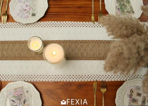 Fexia Boho Table Runner for Home Decor with Tassels 90 Inch Cream & Brown Macrame Runner for Dining & Bedroom Baby Bridal Shower Decor(12x90 Inches)