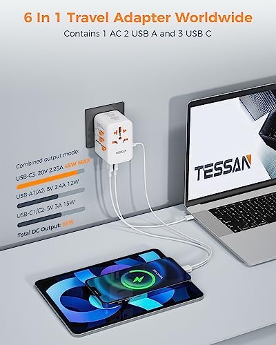 TESSAN Universal Travel Adapter Worldwide, GaN 65W International Plug Adaptor with 3 USB C 2 USB A Ports, World Power Outlet for European USA UK Australia Ireland(Type C/G/A/I)