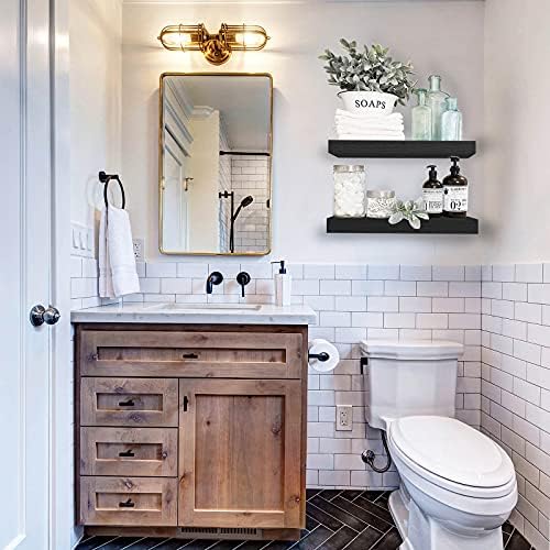 QEEIG Black Bathroom Floating Shelves for Wall Shelf Over Toilet Wall Mounted Farmhouse Small 16 inch Set of 2 (008-40B)