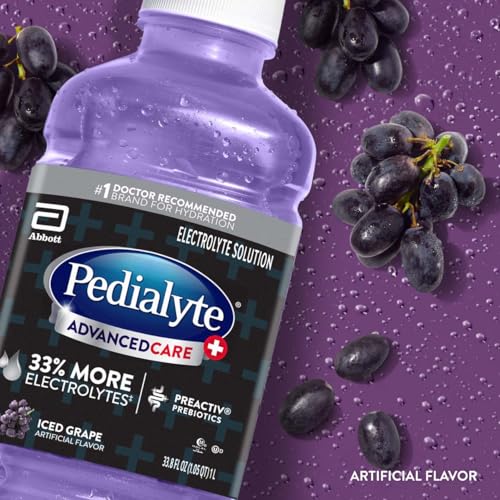 Pedialyte AdvancedCare Plus Electrolyte Hydration Drink, Has 33% More Electrolytes and Has PreActiv Prebiotics, Iced Grape, 1 Liter, Pack of 4