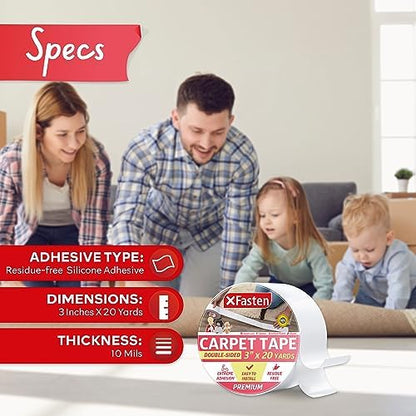 XFasten Double Sided Carpet Tape for Area Rugs 3 Inch x 20 Yards, Residue-Free Carpet Tiles Tape, Removable Heavy-Duty Rug Pad Gripper for Hardwood, Vinyl Flooring Underlayments, Laminate- Wood-Safe