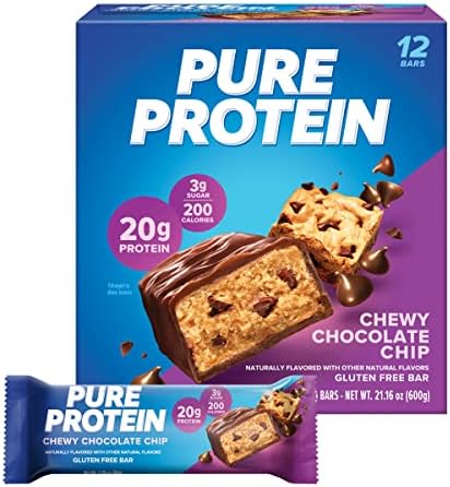 Pure Protein Bars, High Protein, Nutritious Snacks to Support Energy, Low Sugar, Gluten Free, Chewy Chocolate Chip, 1.76oz (Pack of 12), Packaging may vary