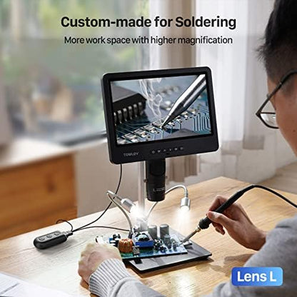 TOMLOV DM602 Pro 10.1" HDMI Digital Microscope 2000x, Pro Boom Arm Stand, LCD Soldering Microscope with 3 Lens, Adults Scope for Electronics Repair, Coin Magnifier Ring Light, PC Compatible, 64G