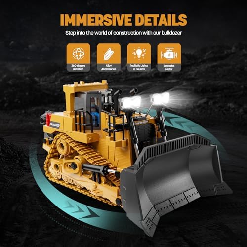 9-Channel Metal RC Bulldozer - Realistic Remote Control Kids Construction Play Toys with Lights and Sound, Track Type Tractor Toys for 3+ Boys, Perfect 2025 Kids Birthday Gift for Ages 3-12+