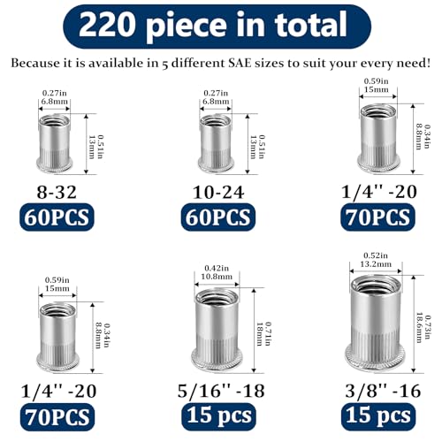 SAE Rivet Nut Assortment Kit(220 Pcs),#8-32#10-24 1/4"-20 5/16"-18 3/8"-16 304 Stainless Steel Flat Head Rivnut Set,Rivnut Threaded Insert Nut