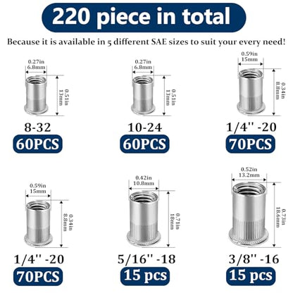 SAE Rivet Nut Assortment Kit(220 Pcs),#8-32#10-24 1/4"-20 5/16"-18 3/8"-16 304 Stainless Steel Flat Head Rivnut Set,Rivnut Threaded Insert Nut