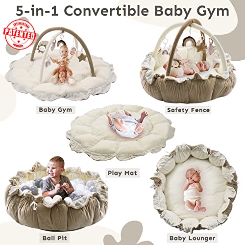 5-in-1 Thick & Plush Baby Play Gym, Baby Play Mats for Floor, Tummy Time Mat with 6 Toys, Cat Bed, Dog Bed, Convertible Stage-Based Developmental from Babies to Toddler, Ball Pit, Pet Cushion, Brown