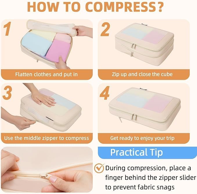 BAGAIL 4 Set/6 Set/8 Set Compression Packing Cubes Travel Accessories Expandable Packing Organizers (Square Mesh, 05-Beige)