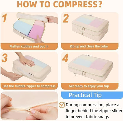 BAGAIL 4 Set/6 Set/8 Set Compression Packing Cubes Travel Accessories Expandable Packing Organizers (Square Mesh, 05-Beige)