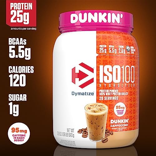 Dymatize x Dunkin' Cappuccino ISO100 Whey Protein Powder, 95mg Caffeine, 25g of Protein, 20 Servings, 5.5g BCAAs, 120 Cal., Gluten Free, 1g Fat, 1g Sugar, 2g Carb