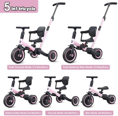 newyoo Toddler Tricycle,Toddler Bike,Birthday Gifts and Toys for 1-3 Year Old Boys and Girls, Trike with Push Handle, Backrest and Safety Belt, Balance Bike, TR007, Pink