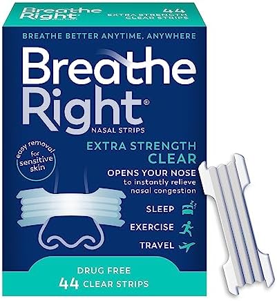 Breathe Right Nasal Strips | Extra Strength | Clear | For Sensitive Skin I Drug-Free Snoring Solution & Nasal Congestion Relief Caused by Colds & Allergies | 44 Count (Packaging May Vary)