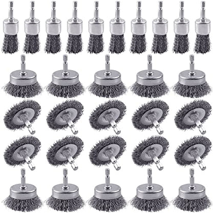 30 Pack Carbon Steel Wire Wheel Brush, Rocaris Cup Brush, Wheel Brush, Pen Brush Set with 1/4-Inch Hex Shank for Rust Removal, Corrosion and Scrub Surfaces