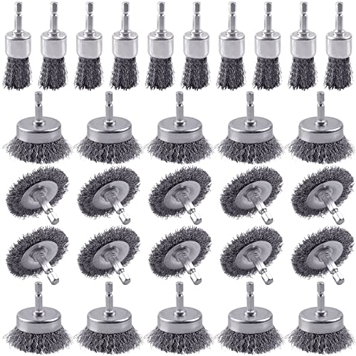 30 Pack Carbon Steel Wire Wheel Brush, Rocaris Cup Brush, Wheel Brush, Pen Brush Set with 1/4-Inch Hex Shank for Rust Removal, Corrosion and Scrub Surfaces