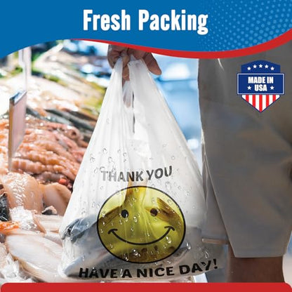 Fuxury 1000 Count Happy Smiling Face Thank You Plastic Bags (12" x 6.5" x 21") White, Have a Nice Day Bags for T-shirt, Grocery, Take Out, To Go, Retail Shopping in Bulk (Made in USA)
