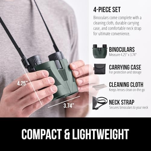 GORILLA GRIP 10x25 Compact Binoculars for Adults with Strap, Superior High Powered Clear 10X Magnification, Lightweight, Bird Watching, Hunting, Stargazing, Adjustable Eye Cups, Green