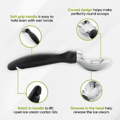 Spring Chef Ice Cream Scoop with Soft Grip Handle, Professional Heavy Duty Sturdy Scooper, Premium Kitchen Tool for Cookie Dough, Gelato, Sorbet, Black, 2 Pack