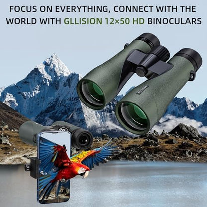 12X50 Professional Binoculars for Adults High Power with Phone Adapter, HD Binoculars with BaK4 prisms, Super Bright Lightweight & Waterproof Binocular Perfect for Bird Watching, Hunting, Stargazing