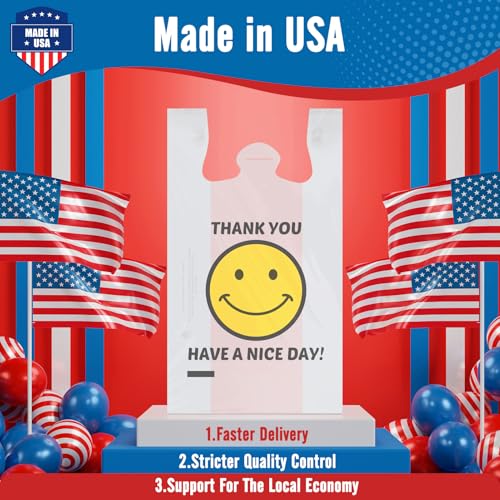 Fuxury 1000 Count Happy Smiling Face Thank You Plastic Bags (12" x 6.5" x 21") White, Have a Nice Day Bags for T-shirt, Grocery, Take Out, To Go, Retail Shopping in Bulk (Made in USA)