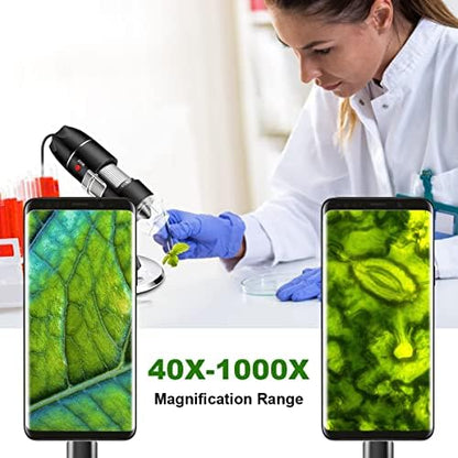 Digital USB Microscope Camera, 40X to 1000X, with Metal Stand & Carrying Case, Compatible with Android, Windows, Linux, Mac, Portable for Kids, Students, Adults