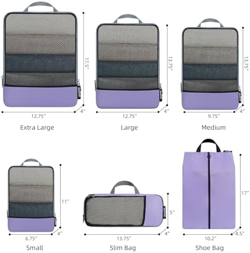 BAGAIL 4 Set/6 Set/8 Set Compression Packing Cubes Travel Accessories Expandable Packing Organizers (Half Mesh, 6-Lavender)