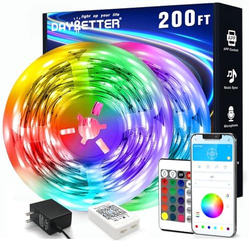DAYBETTER LED Strip Lights 200 ft (2 Rolls of 100 ft), Smart App Control Lighting Bedroom Rome Decor with Remote, RGB Music Sync Color Changing LED Lights for Party