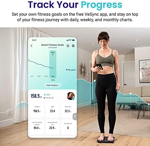Etekcity Scale for Body Weight and Fat Percentage, Smart Digital LED Bathroom BMI Measurement, Accurate Bluetooth Weighing Machine, Body Composition Analyzer, Ash-black, 400lb