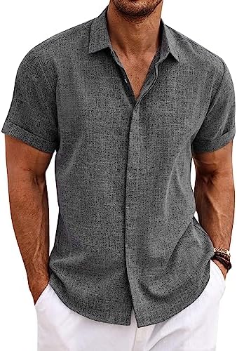 COOFANDY Men's Linen Shirts Short Sleeve Casual Shirts Button Down Shirt for Men Beach Summer Wedding Shirt