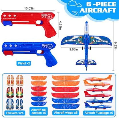 6 Pack Airplane Launcher Toys, 2 Flight Modes LED Foam Glider Catapult Plane, Outdoor Flying Toy for Kids, Birthday Gifts for Boy Girl 4 5 6 7 8 9 10 11 12 Year Old, B-Day Party Supplies
