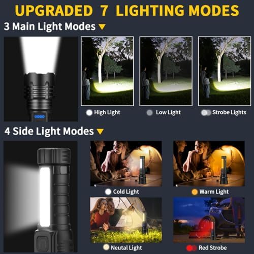 Rechargeable Flashlights High Lumens, 7Mode Flashlights Rechargeable, Super Bright Flashlight, Adjustable Tactical Flash Light, High Powered Flash Light, LED Flashlight for Emergency Home 2Pack
