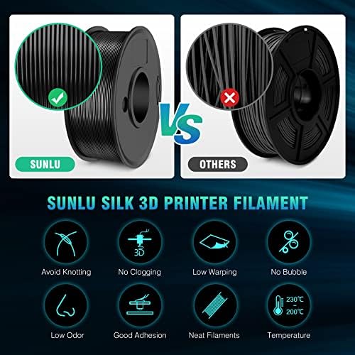 SUNLU 3D Printer Filament Bundle, PLA+ Silk Filament Multicolor 1.75mm, Individually Vacuum Packed, 250G Spool, 8 Rolls, 2kg in Total, Black+White+Light Gold+Silver+Brass+Red Copper+Blue+Green