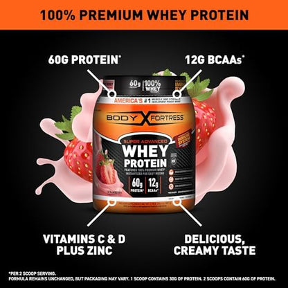 Body Fortress Super Advanced Whey Protein Powder, Strawberry, Immune Support (1), Vitamins C & D Plus Zinc, 1.78 lbs