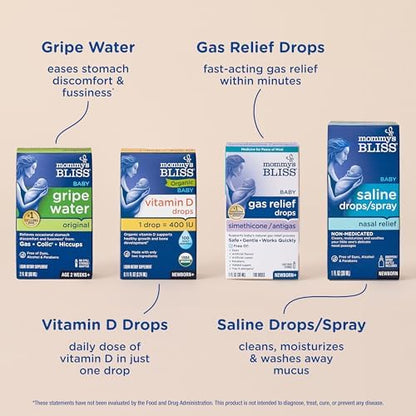 Mommy's Bliss 4-Piece Newborn and Baby Essentials Kit - With Gripe Water, Gas Relief Drops, Vitamin D 400IU, and Saline Drops/Spray - The Perfect Baby Gift.
