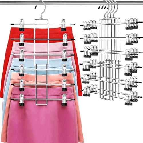 Pants Hangers with Clips,Space Saving Hanging Closet Organizer-6 Tiers Skirt Hangers with 360° Swivel Hook,Closet Organizer-Clothes Hangers- College Dorm Essentials Apartment Essentials- 4 Pack