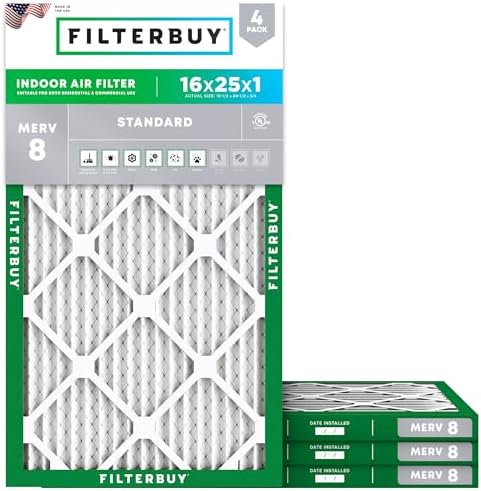 Filterbuy 16x25x1 Air Filter MERV 8 Dust Defense (4-Pack), Pleated HVAC AC Furnace Air Filters Replacement (Actual Size: 15.50 x 24.50 x 0.75 Inches)