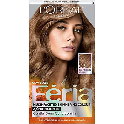 L'Oreal Paris Feria Multi-Faceted Shimmering Permanent Hair Color, 63 Sparkling Amber, Hair Dye Kit, Pack of 2